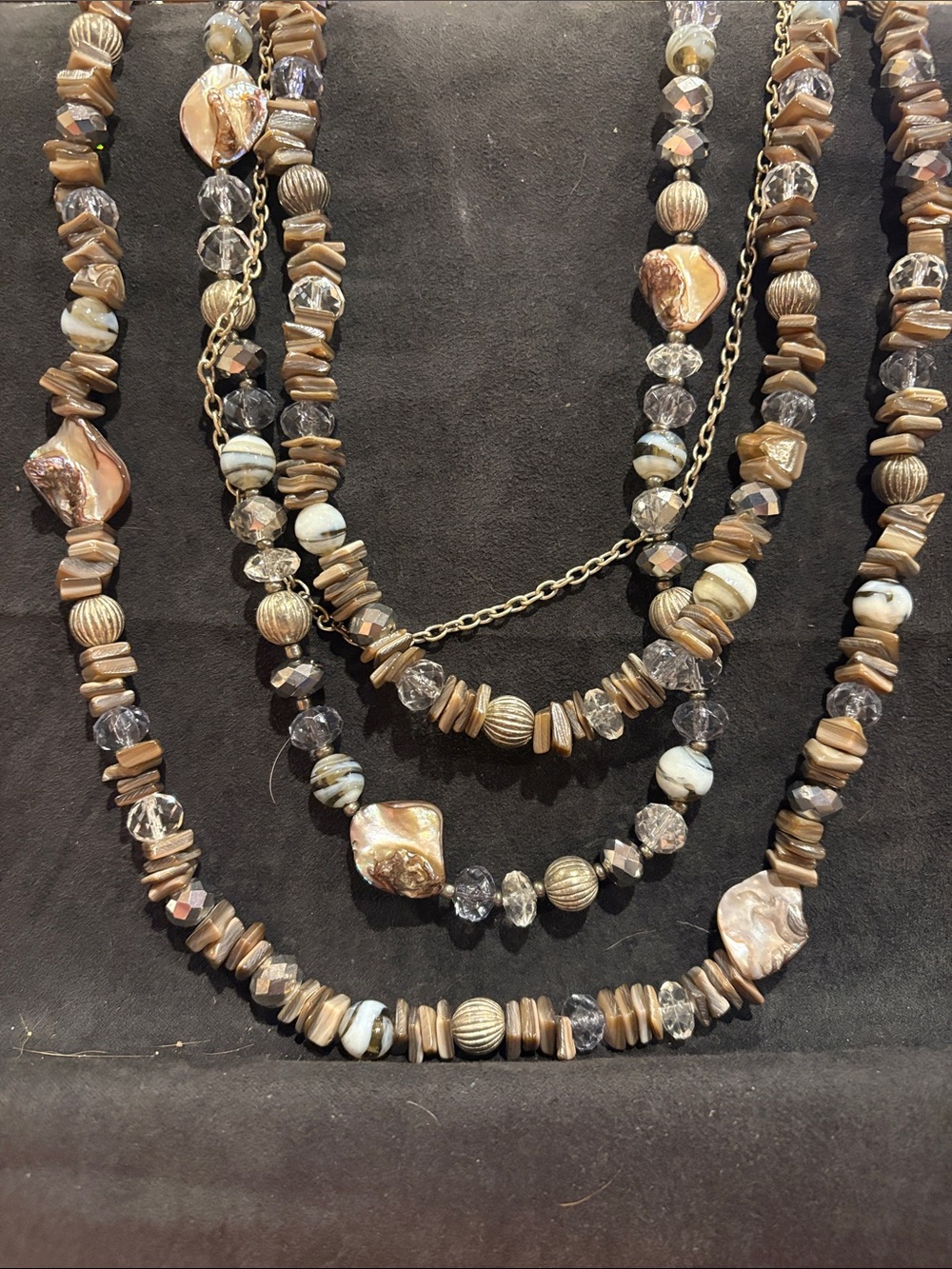 Estee Lauder Brown, Gold and Clear Multi-Strand Beaded Necklace